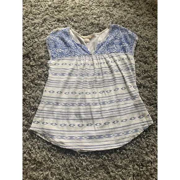 Lucky Brand blue white EMBROIDERED Boho CAP SLEEVE TUNIC SHIRT TOP sz L - Picture 1 of 4
